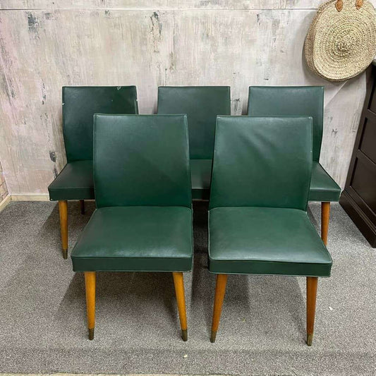 5x Vintage Retro Dining Chairs Faux Leather Tapered Teak Legs Brass Caps