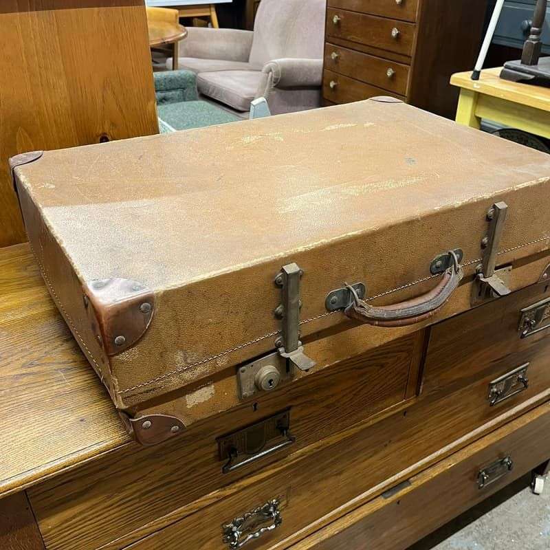 Vintage Revelation Brown Suitcase Leather Corners &amp; Handle Metal Clasps