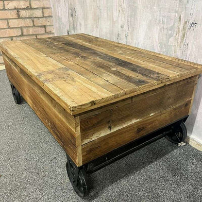 Wooden Plank Topped Trolley Coffee Table Black Metal Wheels Vintage Look