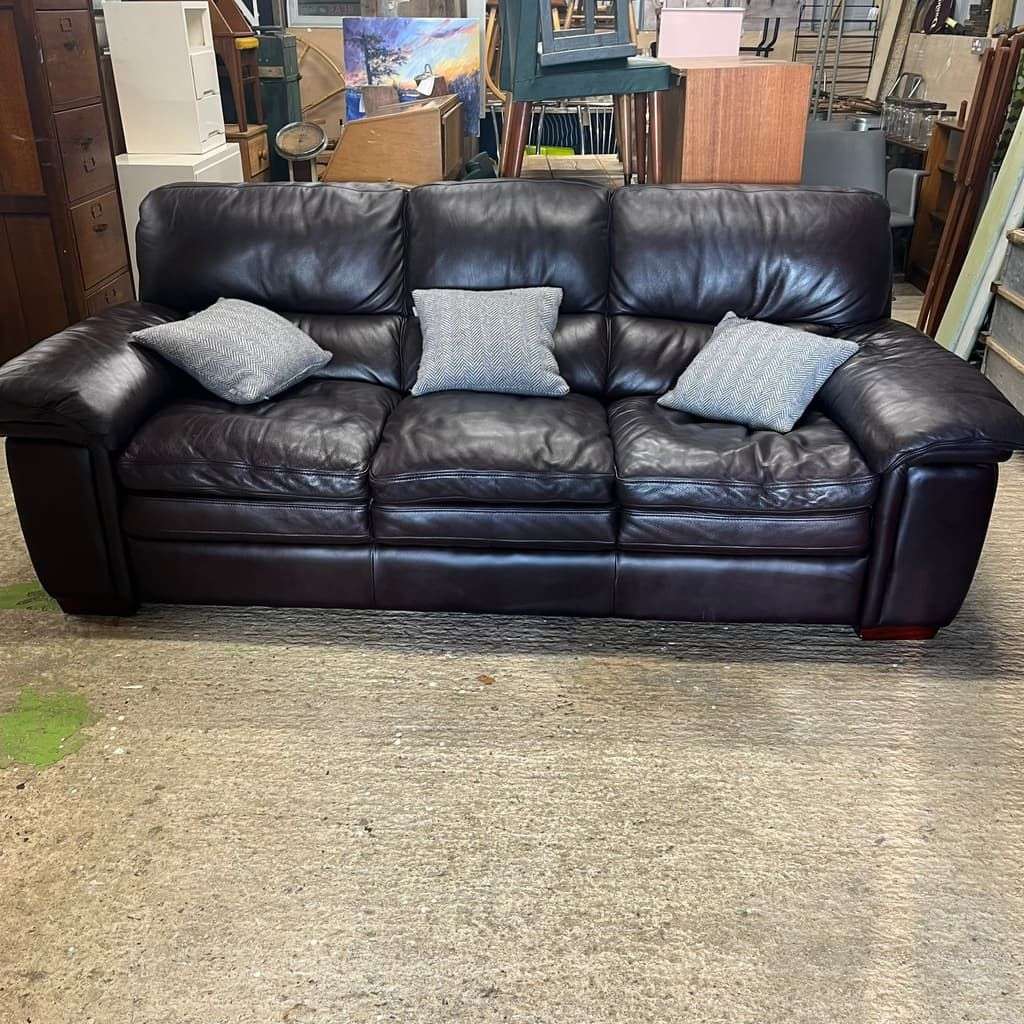 3 Seater Leather Sofa Dark Chocolate Colour Wide Arms PreLoved