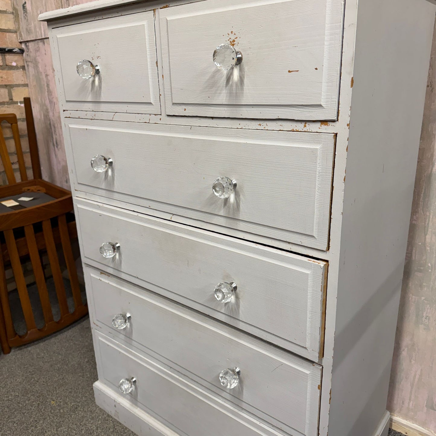 Painted Solid Pine Chest of 2 Over 4 Drawers Distressed Paintwork Crystal Knobs