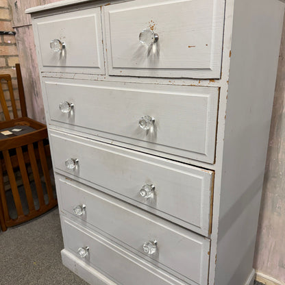 Painted Solid Pine Chest of 2 Over 4 Drawers Distressed Paintwork Crystal Knobs