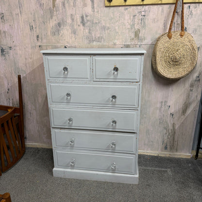 Painted Solid Pine Chest of 2 Over 4 Drawers Distressed Paintwork Crystal Knobs
