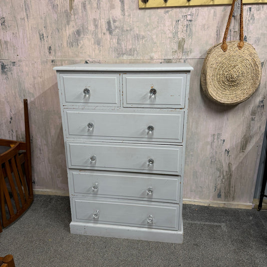 Painted Solid Pine Chest of 2 Over 4 Drawers Distressed Paintwork Crystal Knobs