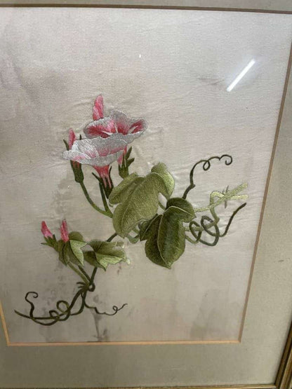 Set of Three Framed Silk Floral Tapestries