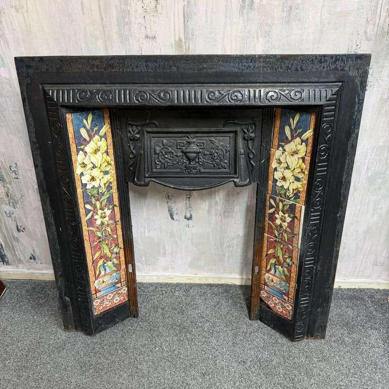 Vintage Cast Iron Tiled Fire Surround Floral Pattern Ornate Design Heavy