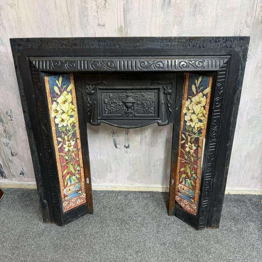 Vintage Cast Iron Tiled Fire Surround Floral Pattern Ornate Design Heavy