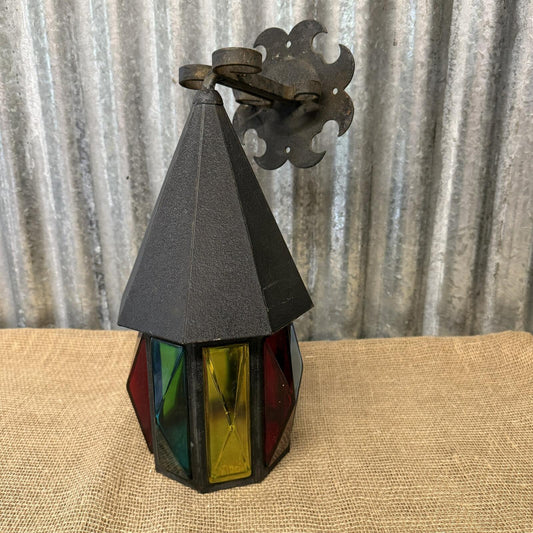 Vintage Tudor Gothic Wall Lantern Light Coloured 8 Panels Glass 1970s Coach Lamp