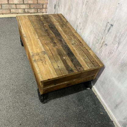 Wooden Plank Topped Trolley Coffee Table Black Metal Wheels Vintage Look