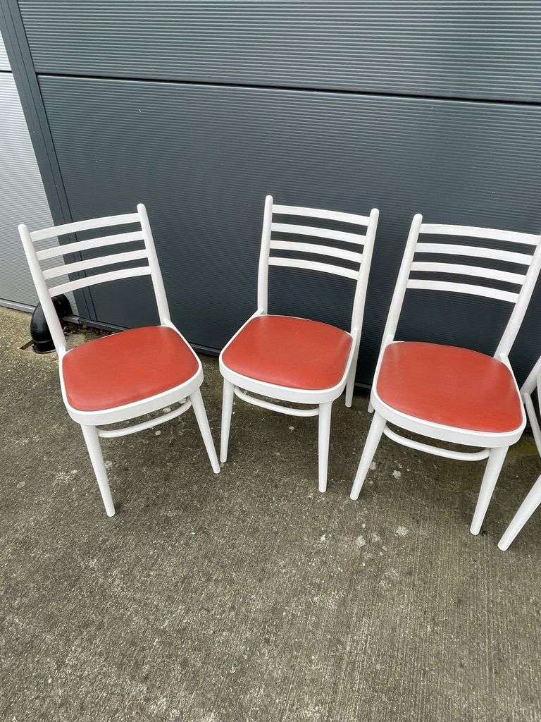 5x Vintage Retro 20thC Mid-Century Wooden White Chairs Red Seats Kitchen Dining