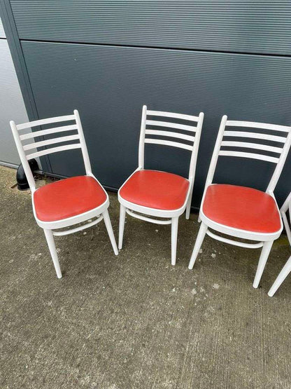 5x Vintage Retro 20thC Mid-Century Wooden White Chairs Red Seats Kitchen Dining