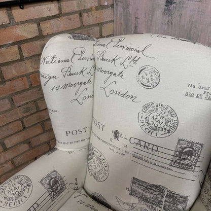 Pair Modern Upholstered Wingback Armchairs Scrolled Arms Postcard Fabric Design