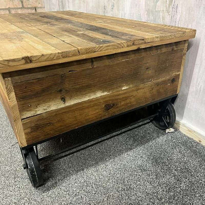 Wooden Plank Topped Trolley Coffee Table Black Metal Wheels Vintage Look