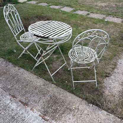 Vintage Style White Cream Metal Garden Patio Set 2 Chairs Round Table Folding