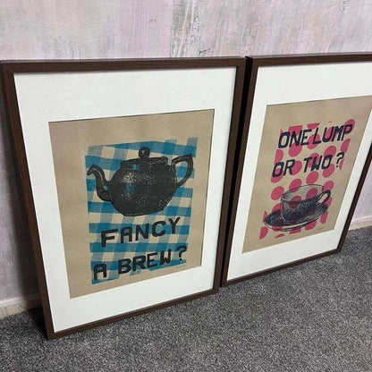 Pair Dark Framed Prints Mr PS 2009 Coffee Shop Tea Room Teapot Cup &amp; Saucer