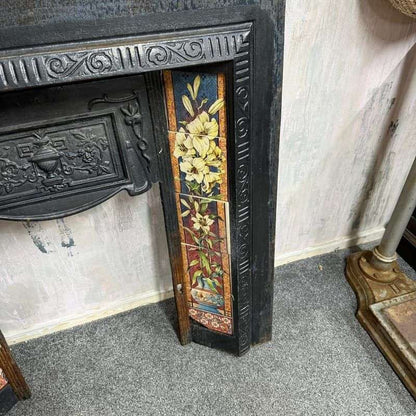 Vintage Cast Iron Tiled Fire Surround Floral Pattern Ornate Design Heavy