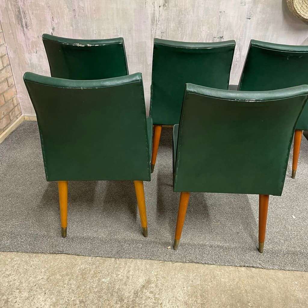 5x Vintage Retro Dining Chairs Faux Leather Tapered Teak Legs Brass Caps