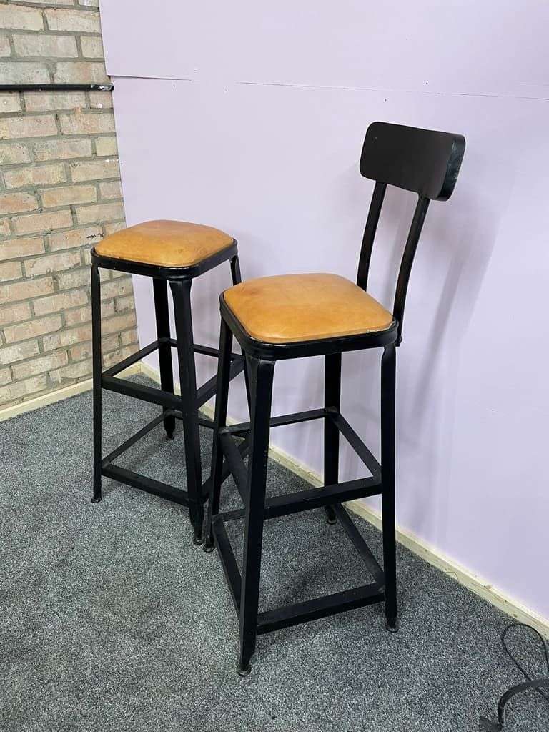 Pair Industrial Style Metal Leather Effect Upholstered Stools Bar Kitchen