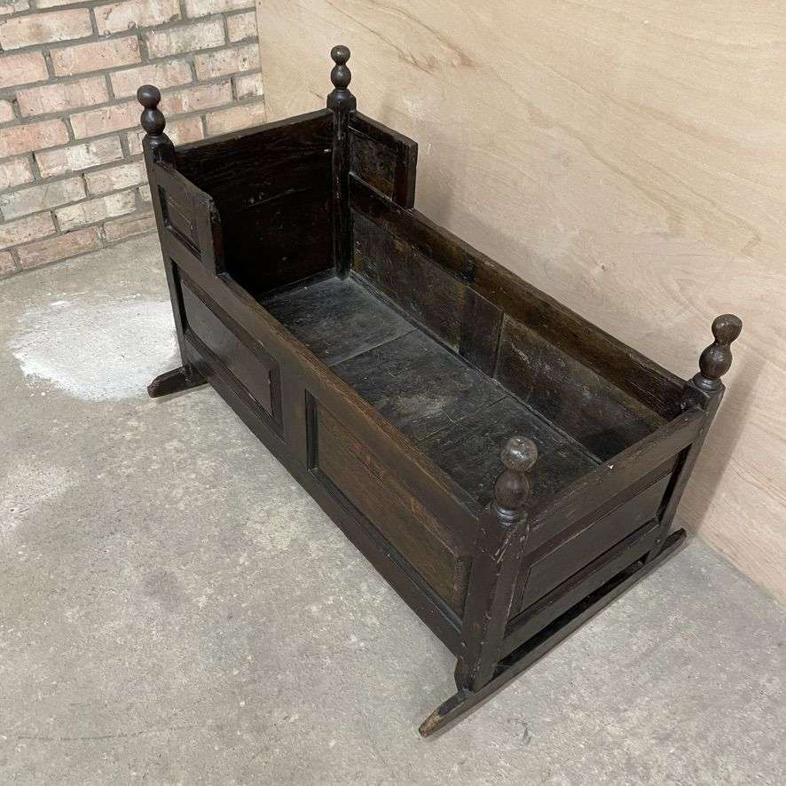 Antique Victorian Dark Oak Rocking Crib Gothic Style Finials