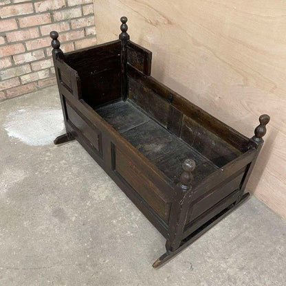 Antique Victorian Dark Oak Rocking Crib Gothic Style Finials