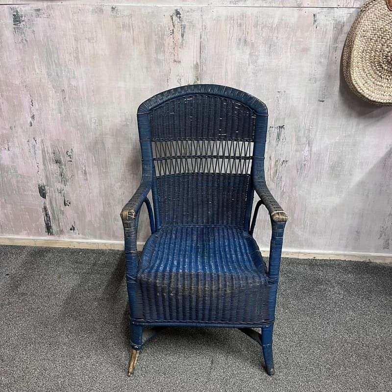 Vintage Lloyd Loom Cane Conservatory Chair Painted Dark Blue High Back Patina