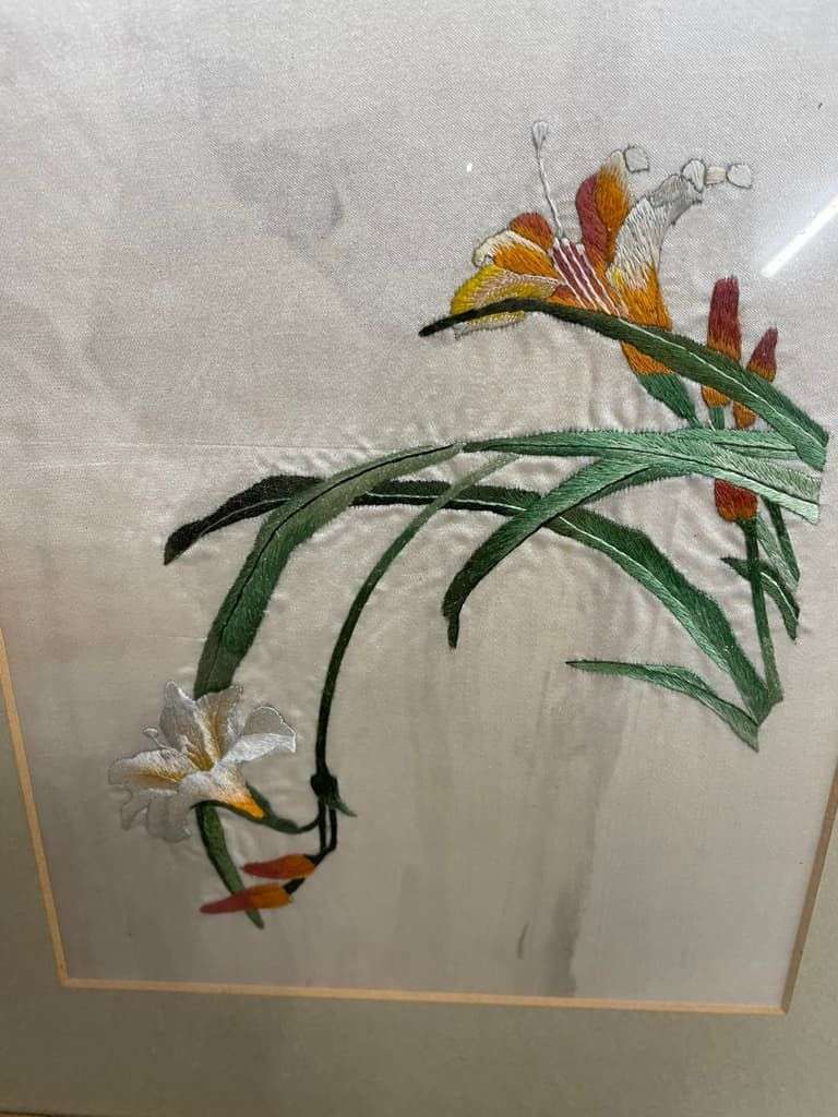 Set of Three Framed Silk Floral Tapestries