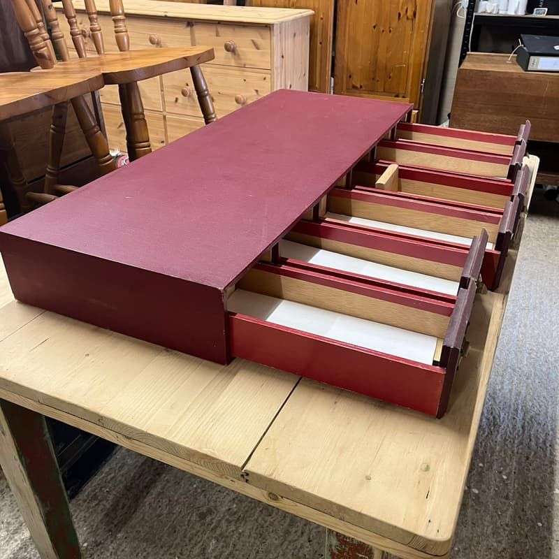 Vintage Run Of 6 Red Filing Drawers Brass Pull Handles Label Holders Patina