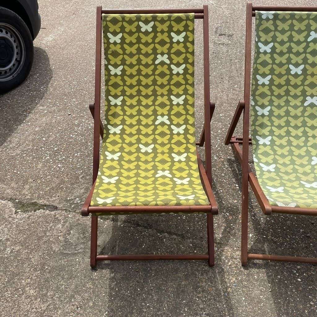 3x Retro Wooden Deckchairs Green Floral Fabric Sturdy Pool Chairs