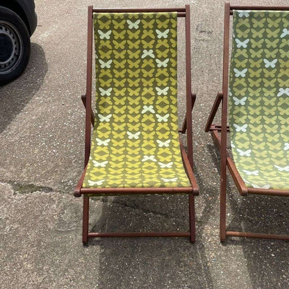 3x Retro Wooden Deckchairs Green Floral Fabric Sturdy Pool Chairs