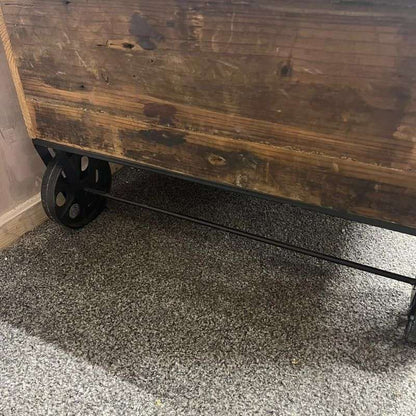 Wooden Plank Topped Trolley Coffee Table Black Metal Wheels Vintage Look