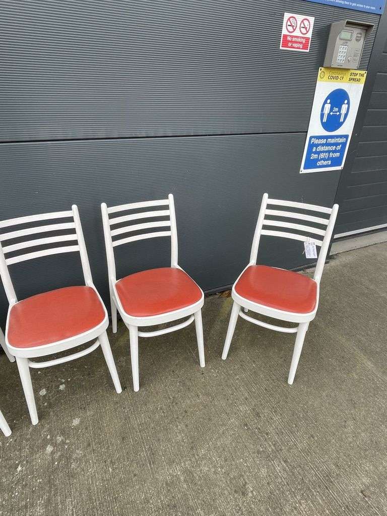5x Vintage Retro 20thC Mid-Century Wooden White Chairs Red Seats Kitchen Dining