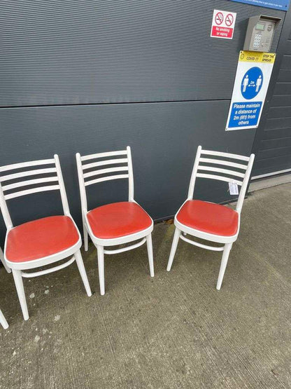 5x Vintage Retro 20thC Mid-Century Wooden White Chairs Red Seats Kitchen Dining