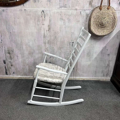 Vintage Wooden Rocking Chair Painted White Upholstered Seat Ladder Back