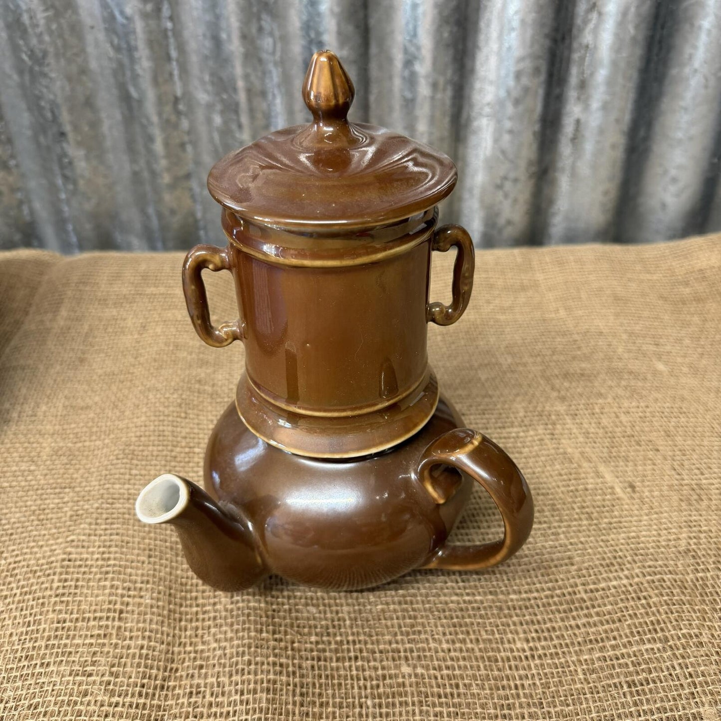 Vintage 1960s Pillivuyt French Drip Coffee Pot Glazed Brown Lustre Side Spout