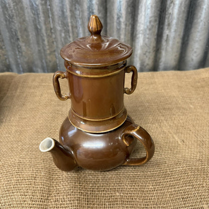 Vintage 1960s Pillivuyt French Drip Coffee Pot Glazed Brown Lustre Side Spout