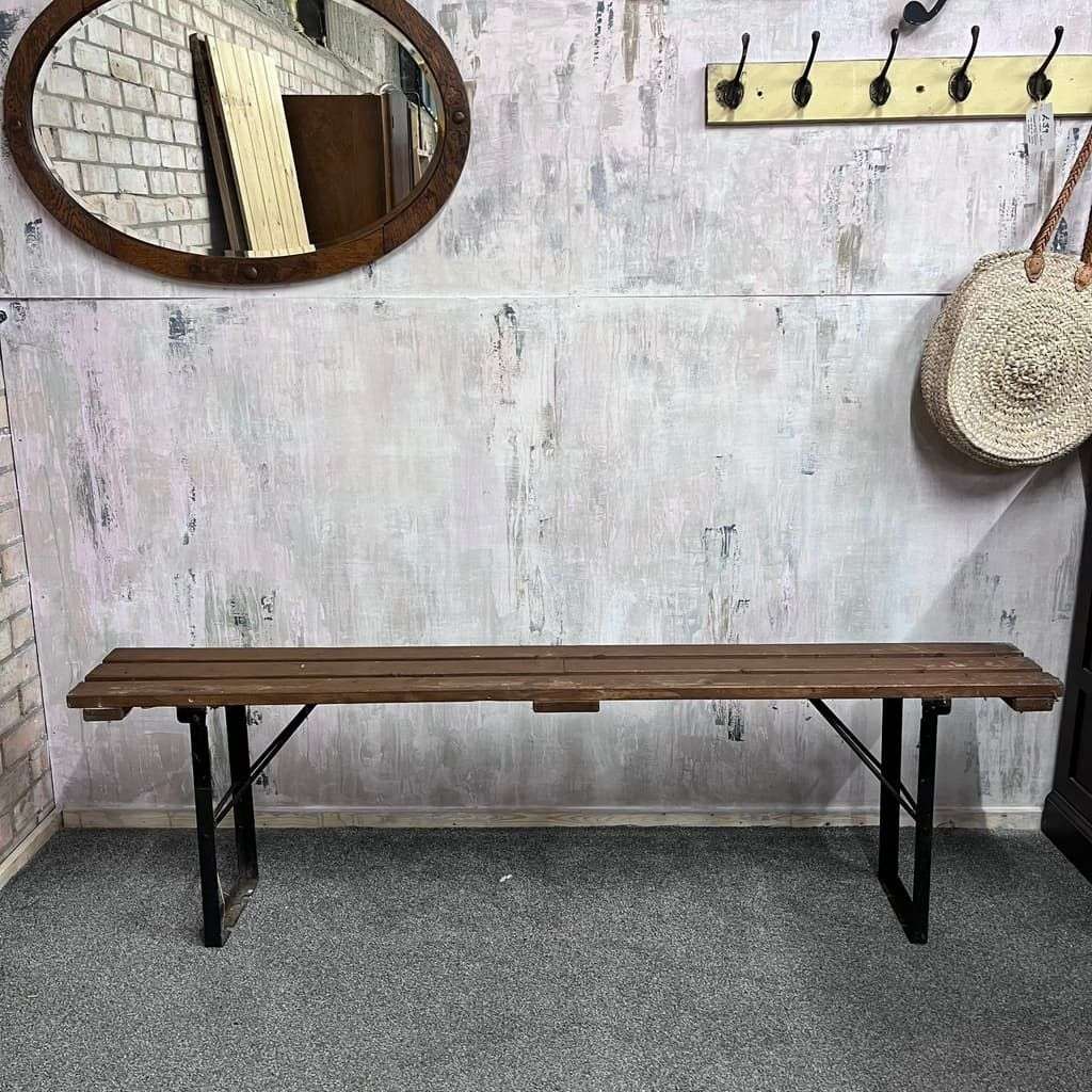 Vintage Folding Trestle Bench Stained Slatted Top Metal Legs Great Patina