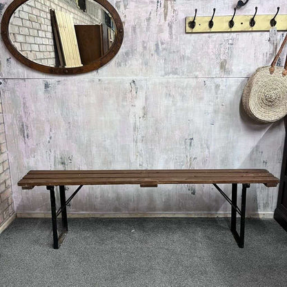 Vintage Folding Trestle Bench Stained Slatted Top Metal Legs Great Patina