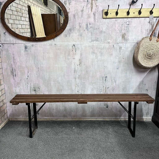 Vintage Folding Trestle Bench Stained Slatted Top Metal Legs Great Patina