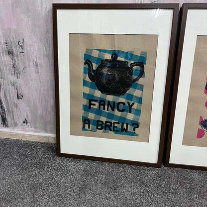 Pair Dark Framed Prints Mr PS 2009 Coffee Shop Tea Room Teapot Cup &amp; Saucer