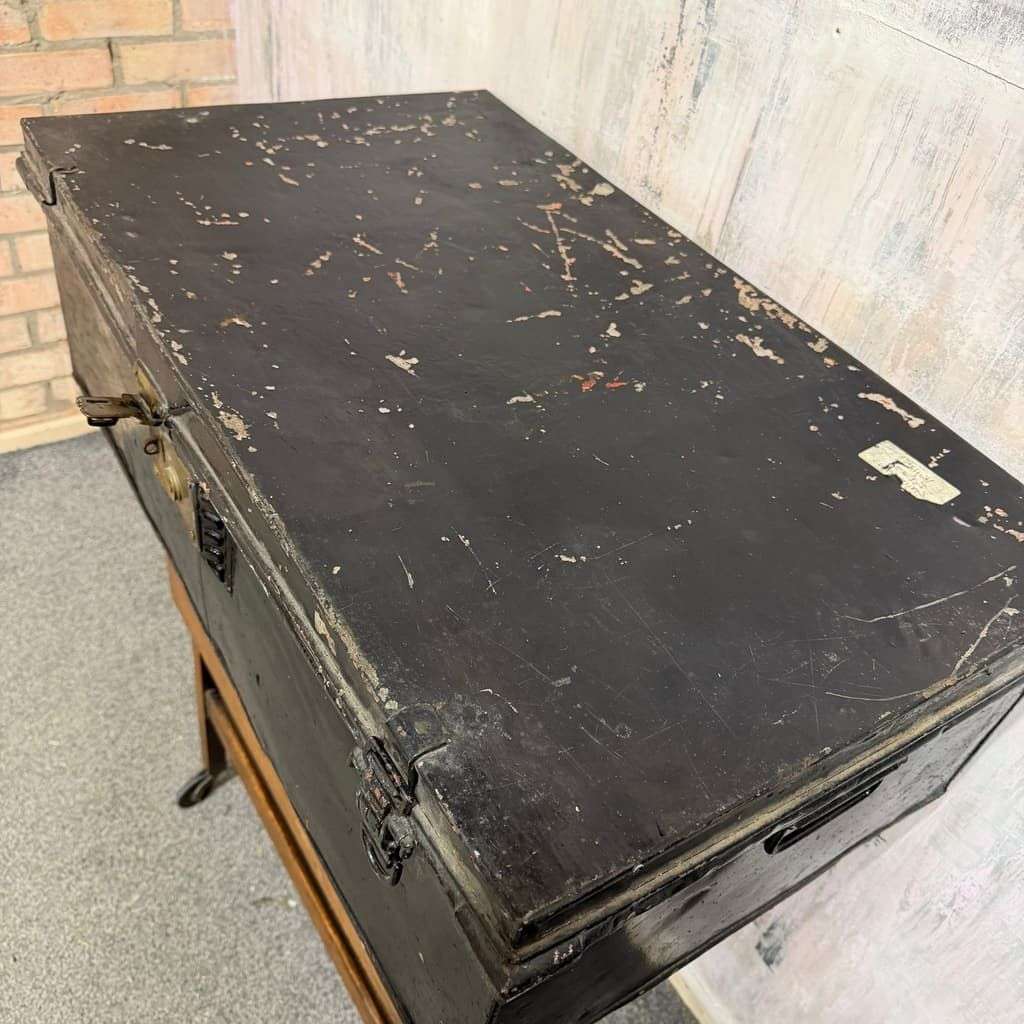 Large Vintage Solicitors Black Metal Deed Chest Coffee Table TV Stand