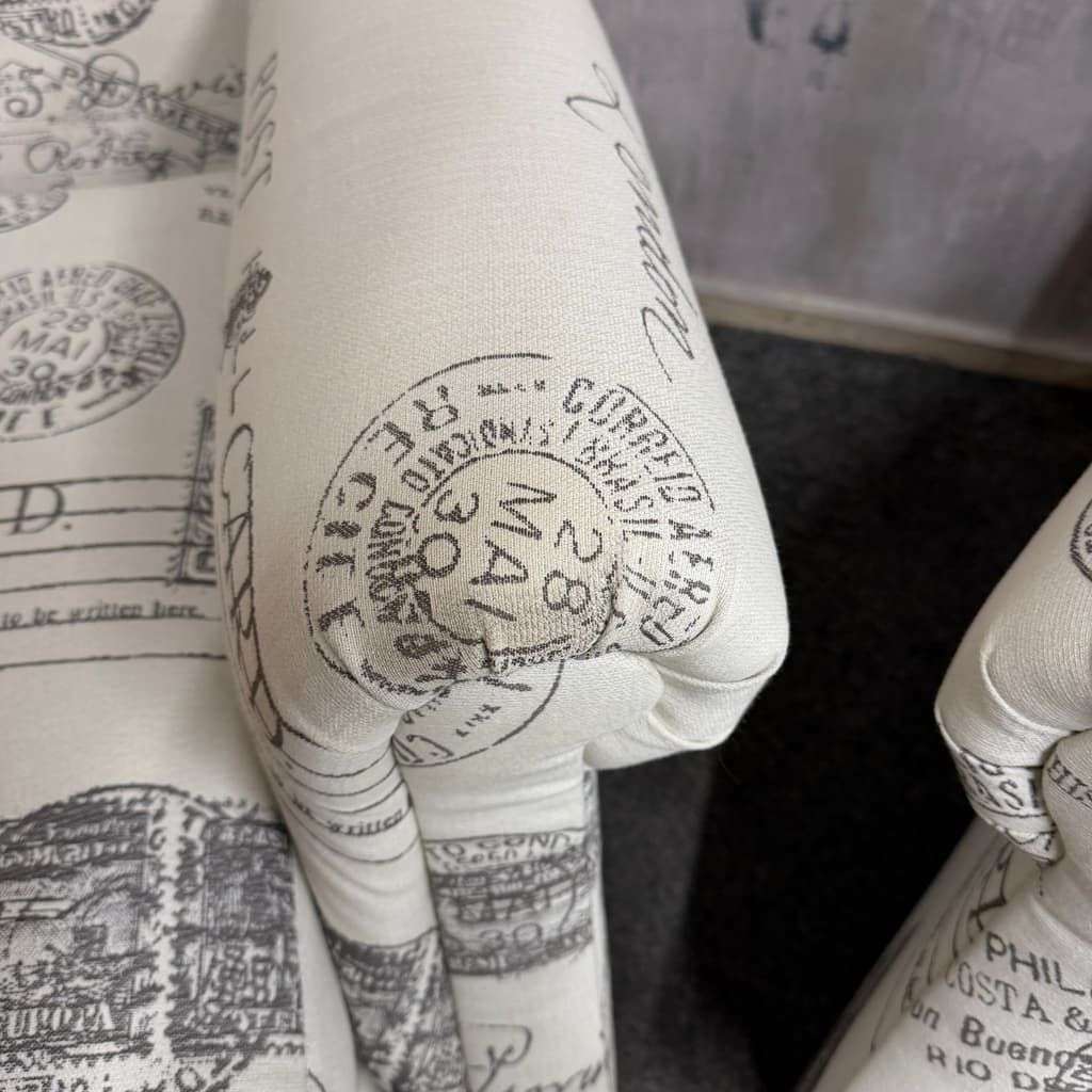 Pair Modern Upholstered Wingback Armchairs Scrolled Arms Postcard Fabric Design