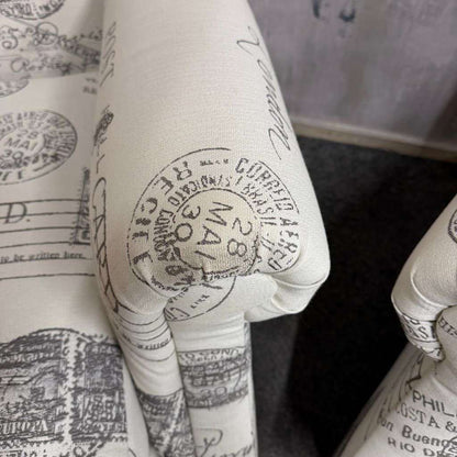 Pair Modern Upholstered Wingback Armchairs Scrolled Arms Postcard Fabric Design