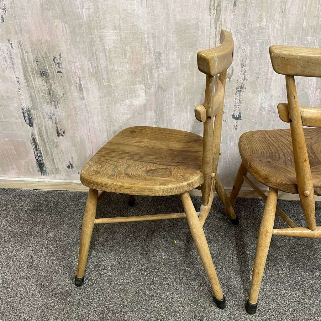 Pair Ercol Mid Century Red Dot Ash &amp; Elm Children’s Chairs Stacking