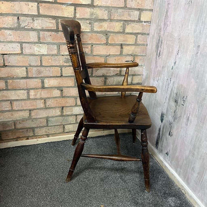 Antique 20thC Wooden Carver ArmChair Ornate Beaded Back Turned Legs