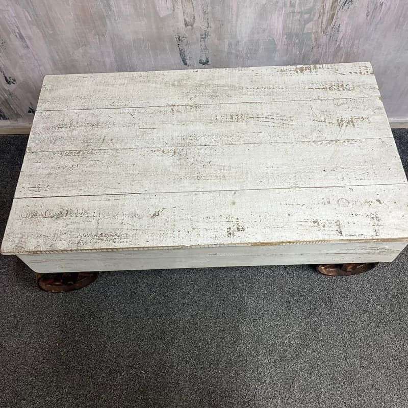 Vintage French Style Wooden Coffee Table Metal Industrial Wheels Painted White