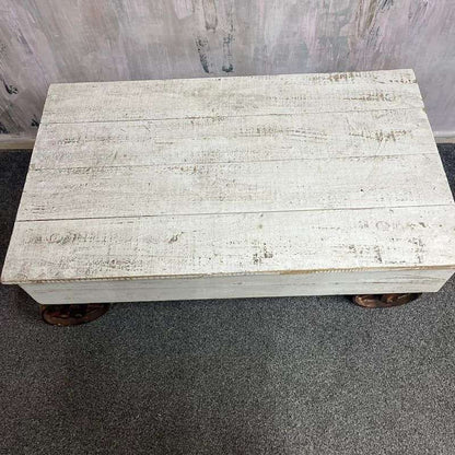 Vintage French Style Wooden Coffee Table Metal Industrial Wheels Painted White