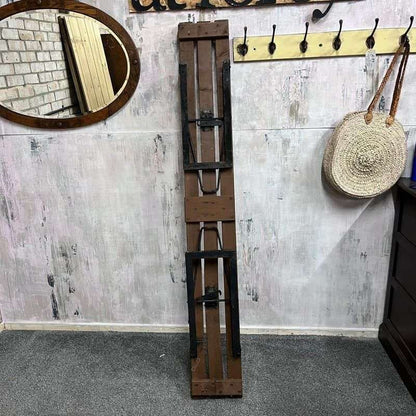 Vintage Folding Trestle Bench Stained Slatted Top Metal Legs Great Patina