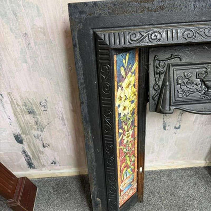 Vintage Cast Iron Tiled Fire Surround Floral Pattern Ornate Design Heavy