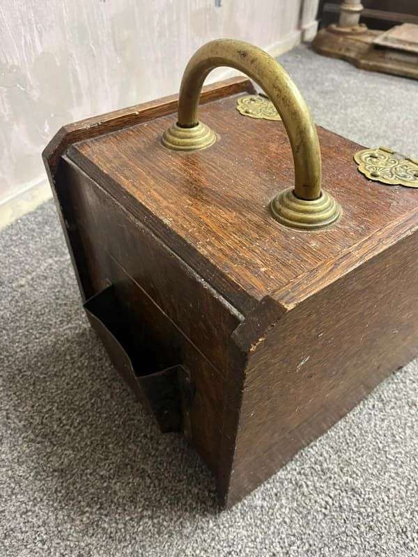 Vintage Wood &amp; Brass Coal Scuttle Handle Lift Up Lid Ornate