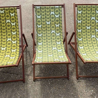 3x Retro Wooden Deckchairs Green Floral Fabric Sturdy Pool Chairs